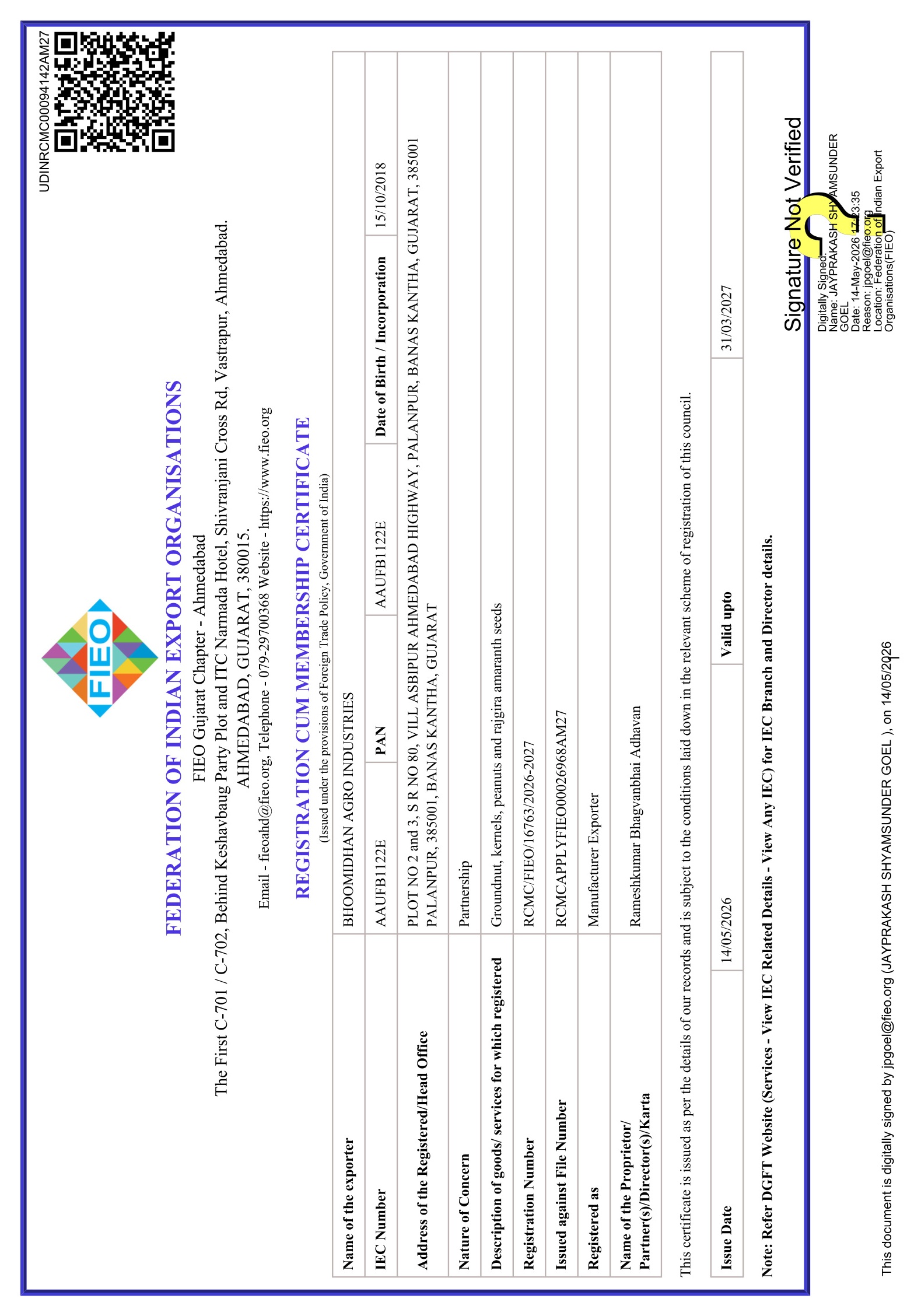 FIEO RCMC Certificate Preview